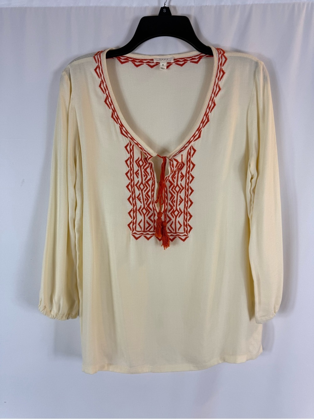 Soft Joie Embroidered V-Neck Peasant Top in Cream with Rust Accents size: S